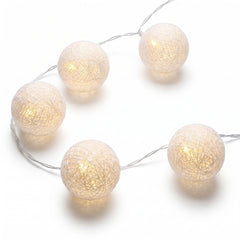 White Woven Ball LED String Lights - 10 Decorative Cotton Orbs, 5-ft, Battery Operated