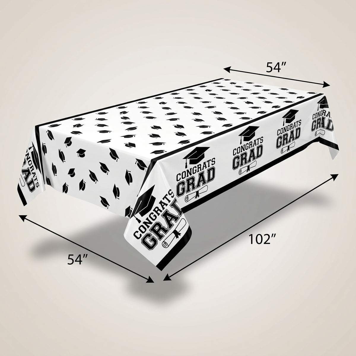 "Congrats Grad" Reusable Plastic Table Cover, Black/White, 54x84-in for Graduation
