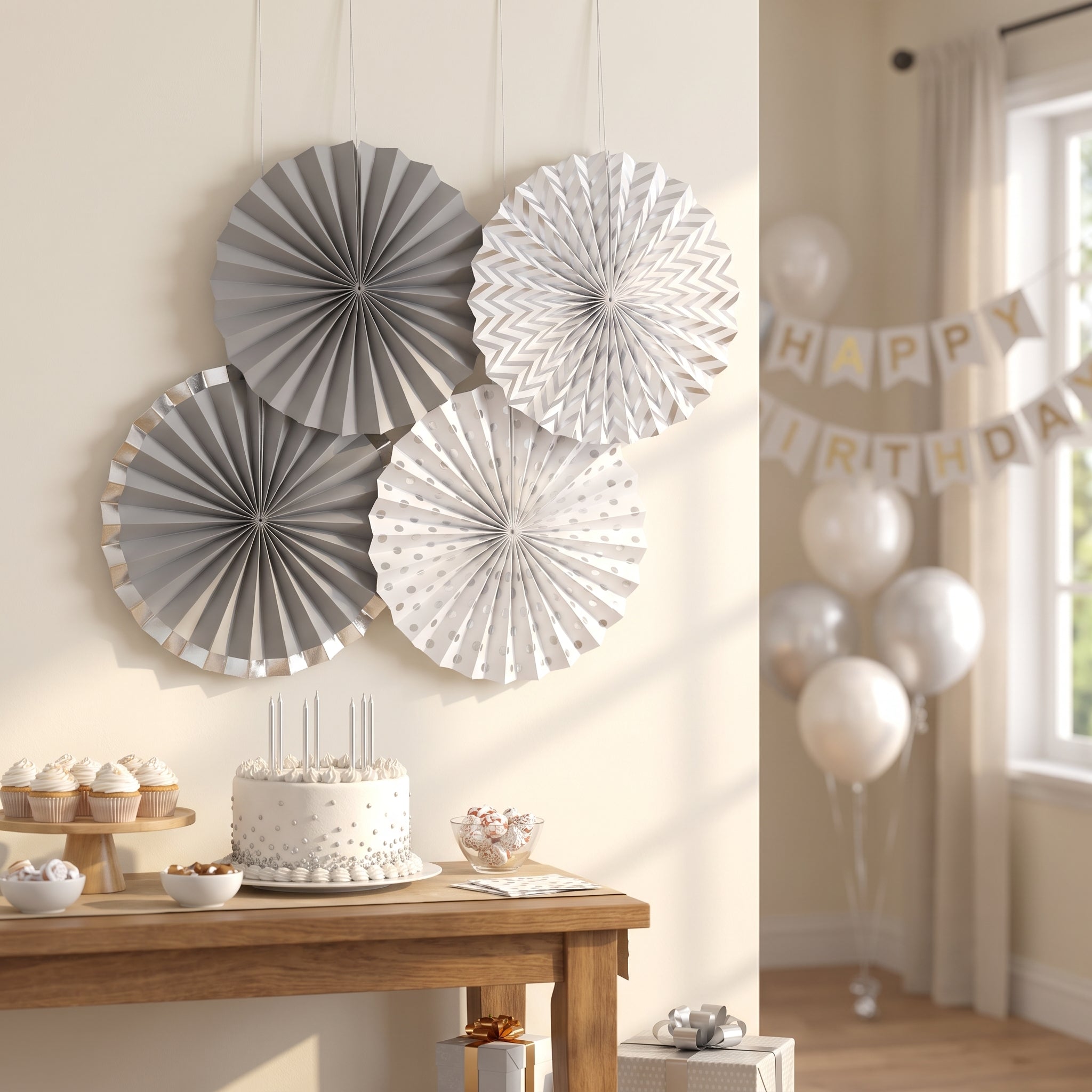 Silver Patterned Paper Fan Decorations - 5 Inch, 5-Pack