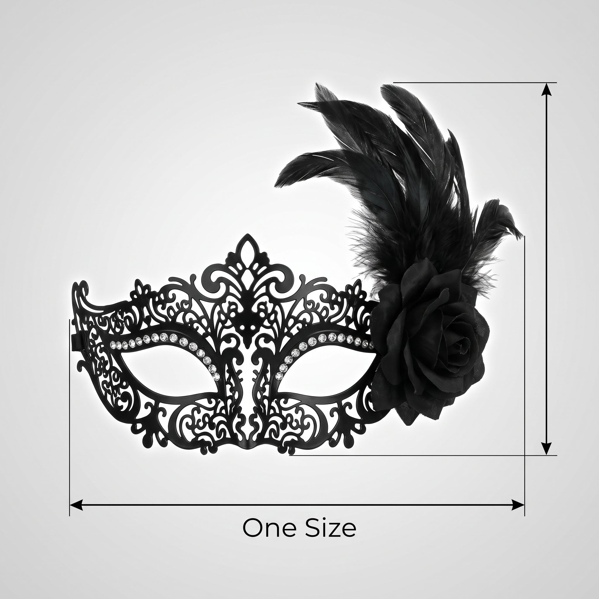 Black Filigree Feather Masquerade Mask with Rhinestone Accents