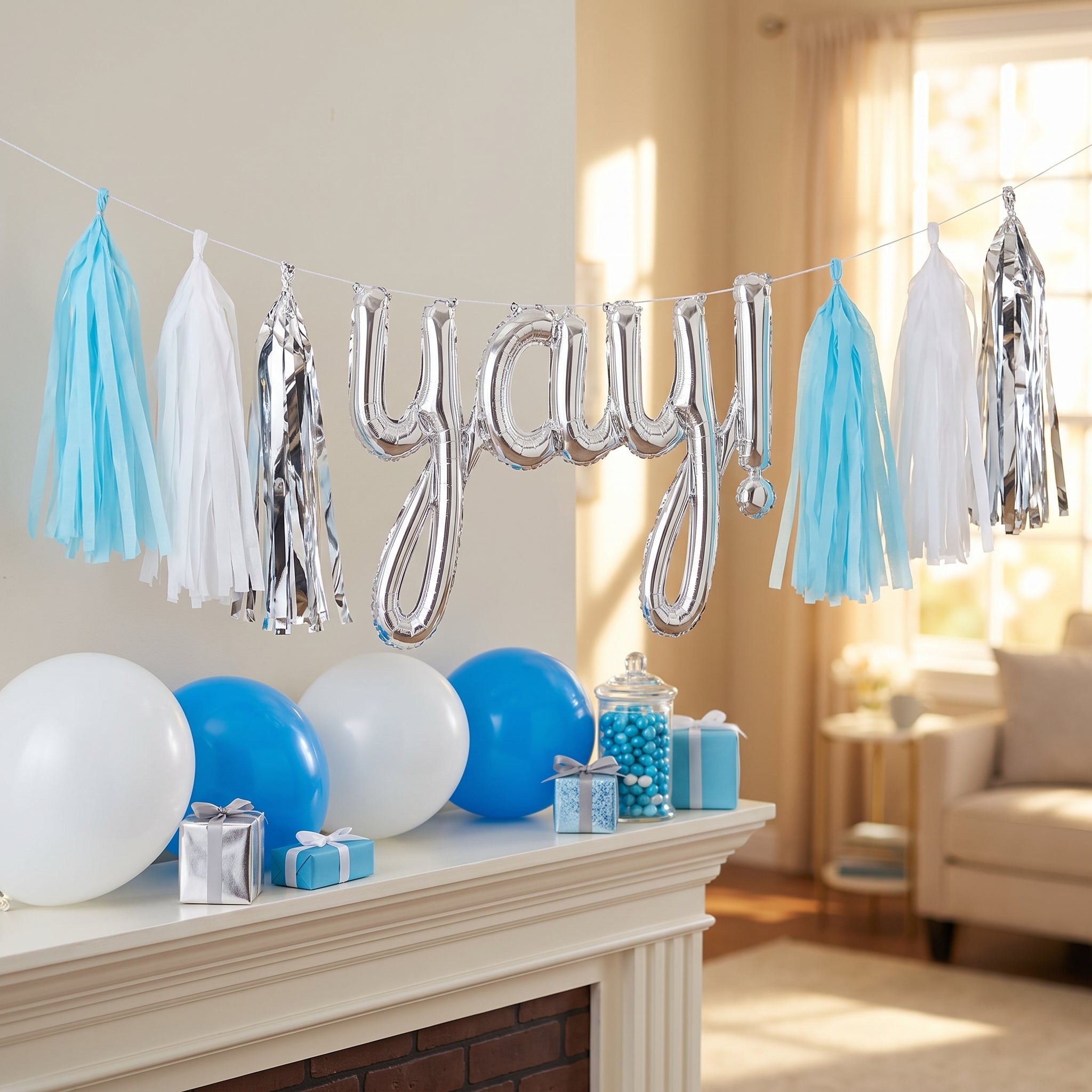 DIY Customizable Tassel Garland Banner in Light Blue, White, and Silver for Celebrations