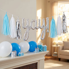 DIY Customizable Tassel Garland Banner in Light Blue, White, and Silver for Celebrations