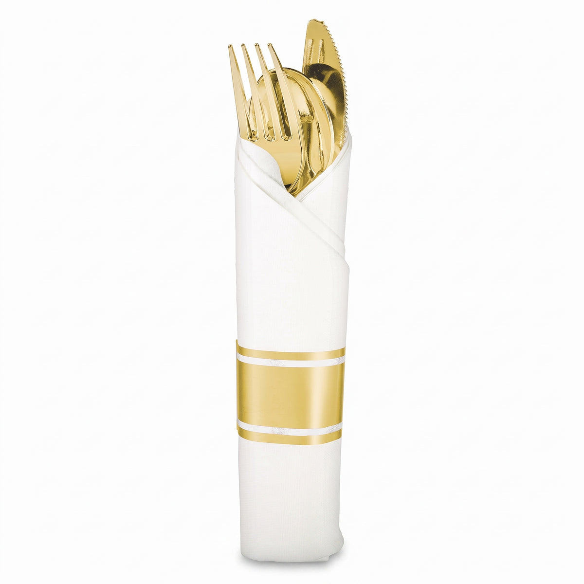 Elegant Gold Rolled Cutlery Set with Printed Guest Towel 10 pack