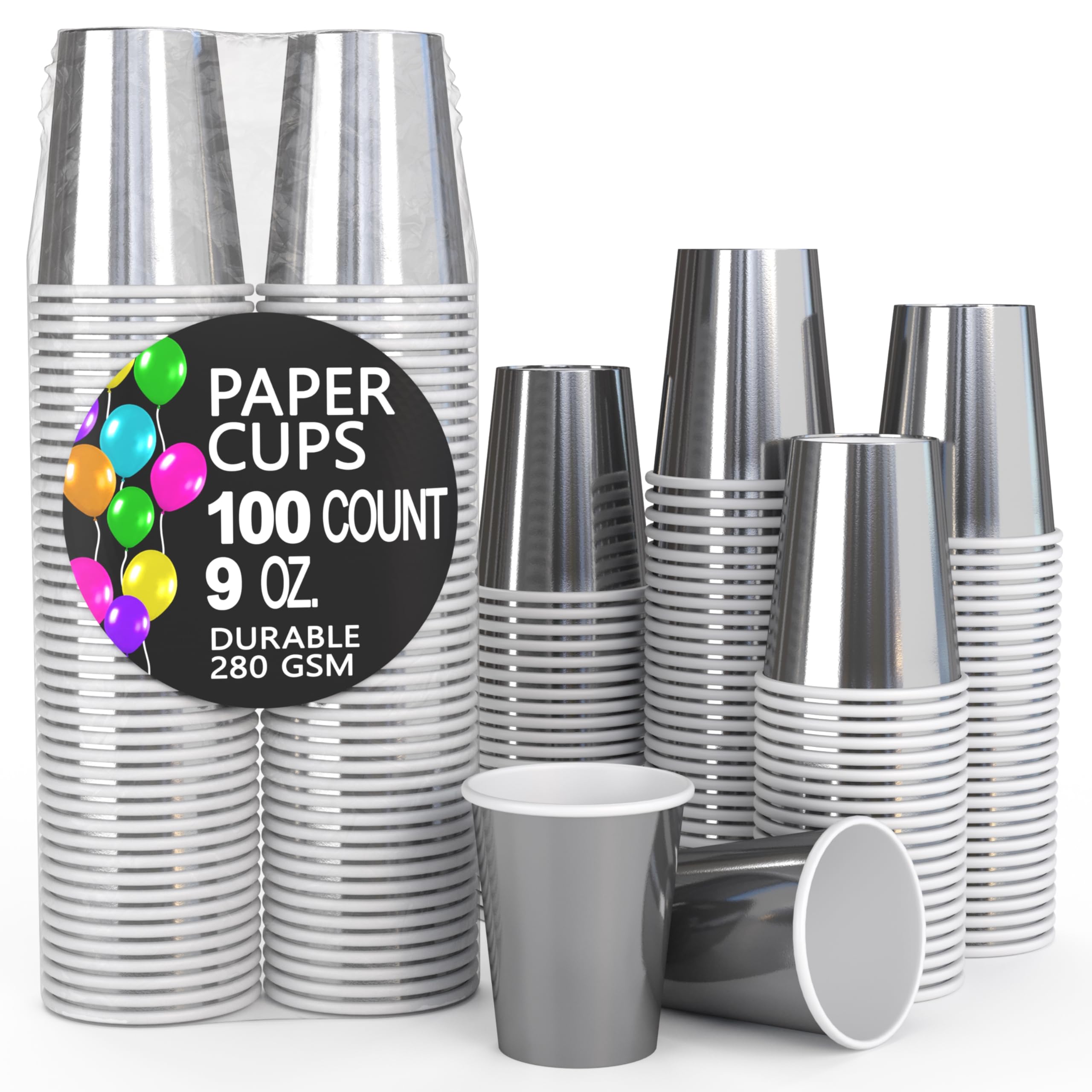 9 Oz. Metallic Silver Paper Cups | 100 Count