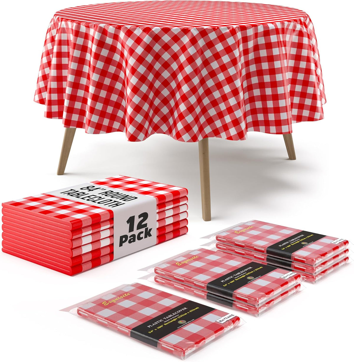 Round Red Gingham Plastic Table Covers | 12 Pack