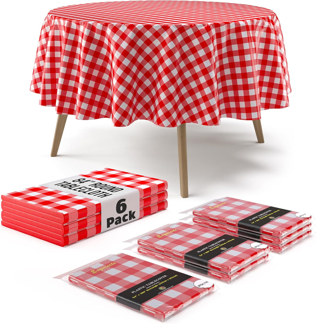 Round Red Gingham Plastic Table Covers | 6 Pack