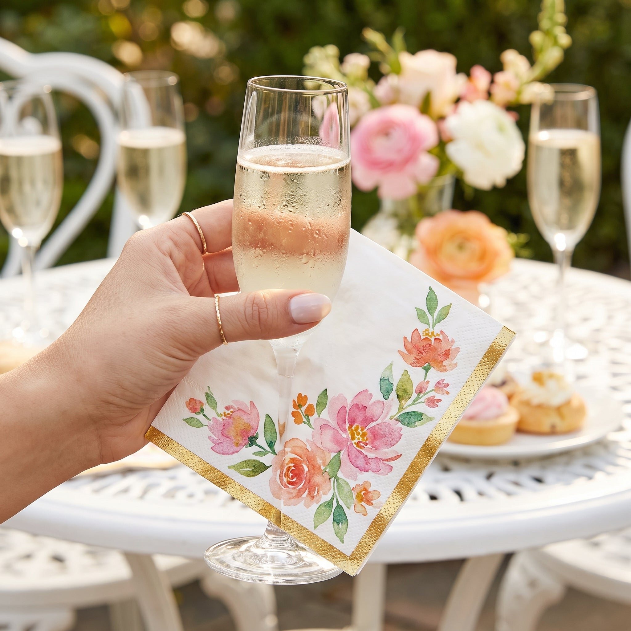 Romantic Floral Beverage Napkins with Gold Trim - 16 Pack - 5 In. X 5 In.