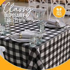 Black Gingham Plastic Table Cover | Case of 48 - 54 In. x 108 In.