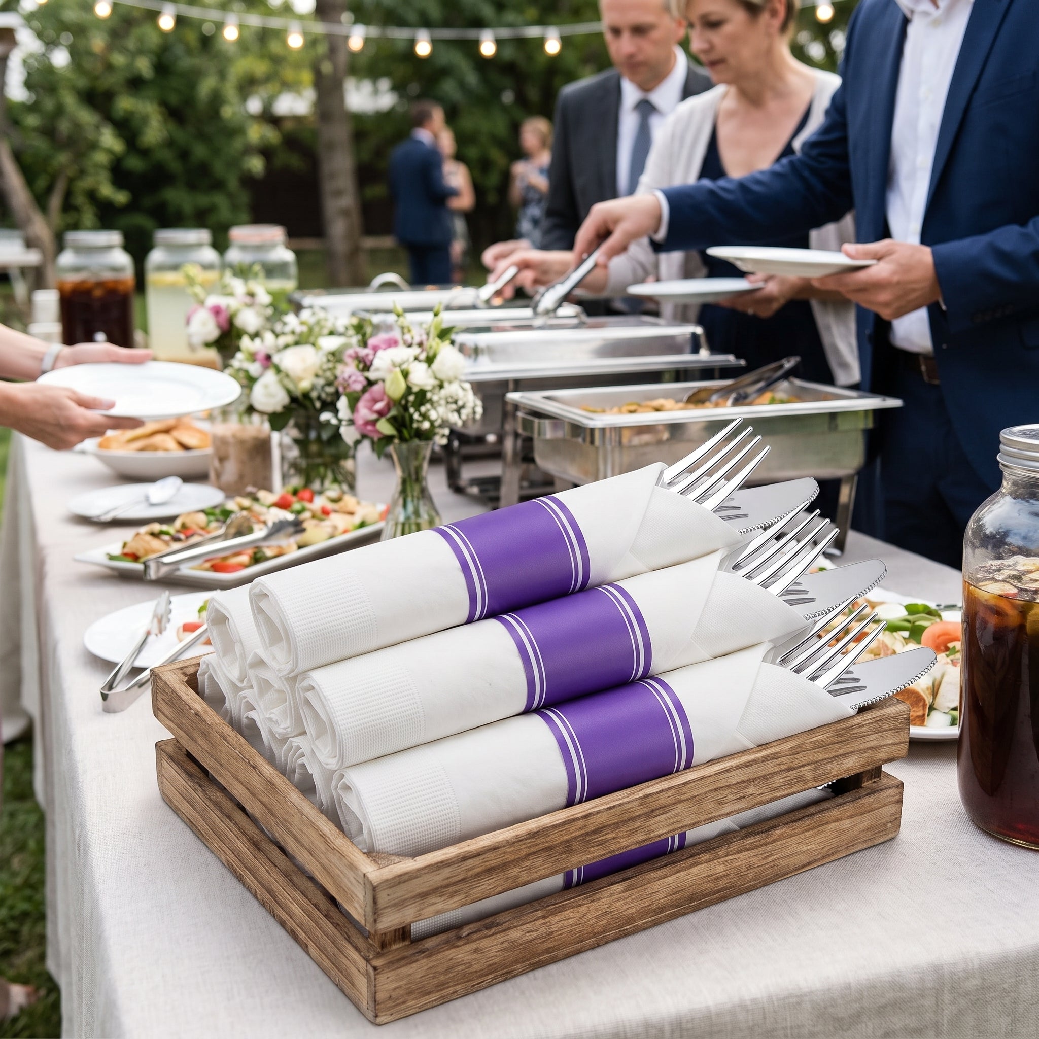 Premium Purple Rolled Cutlery Set with Guest Towel - 10 pack