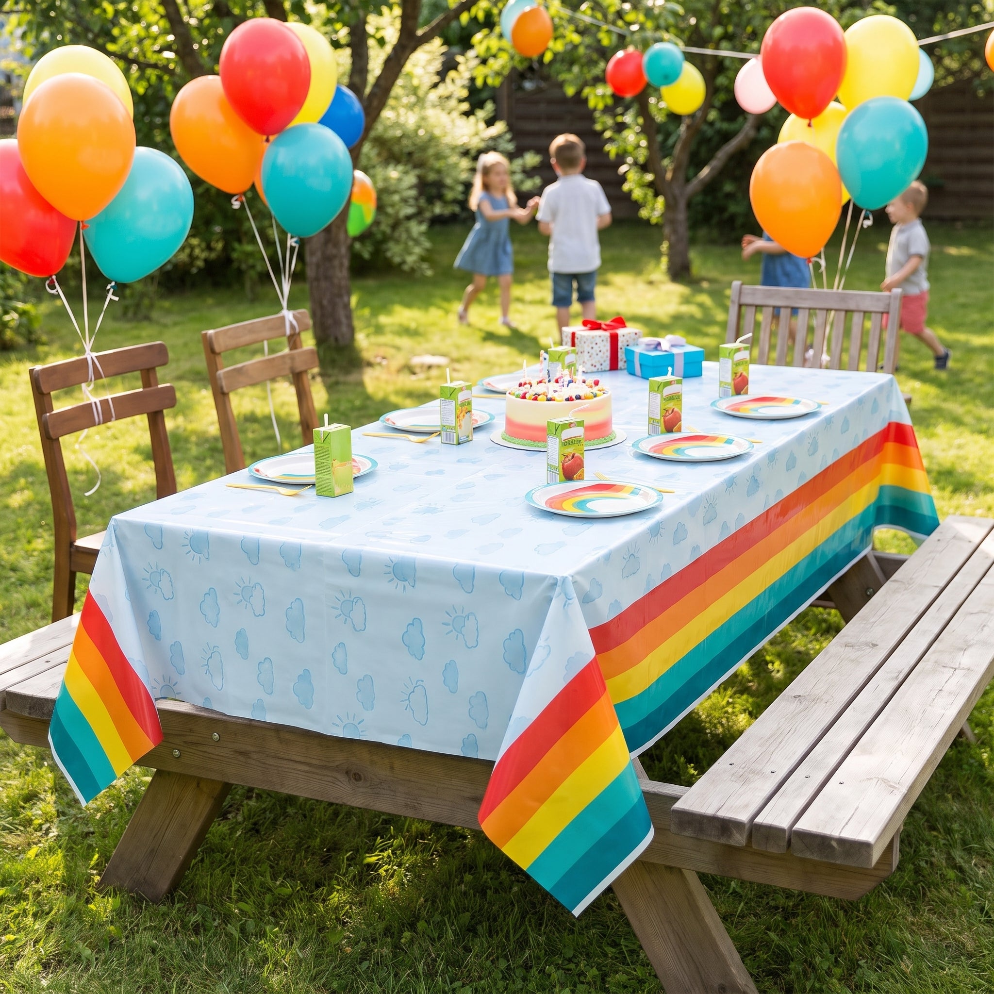 Retro Rainbow Plastic Table Cover for Kids' Parties