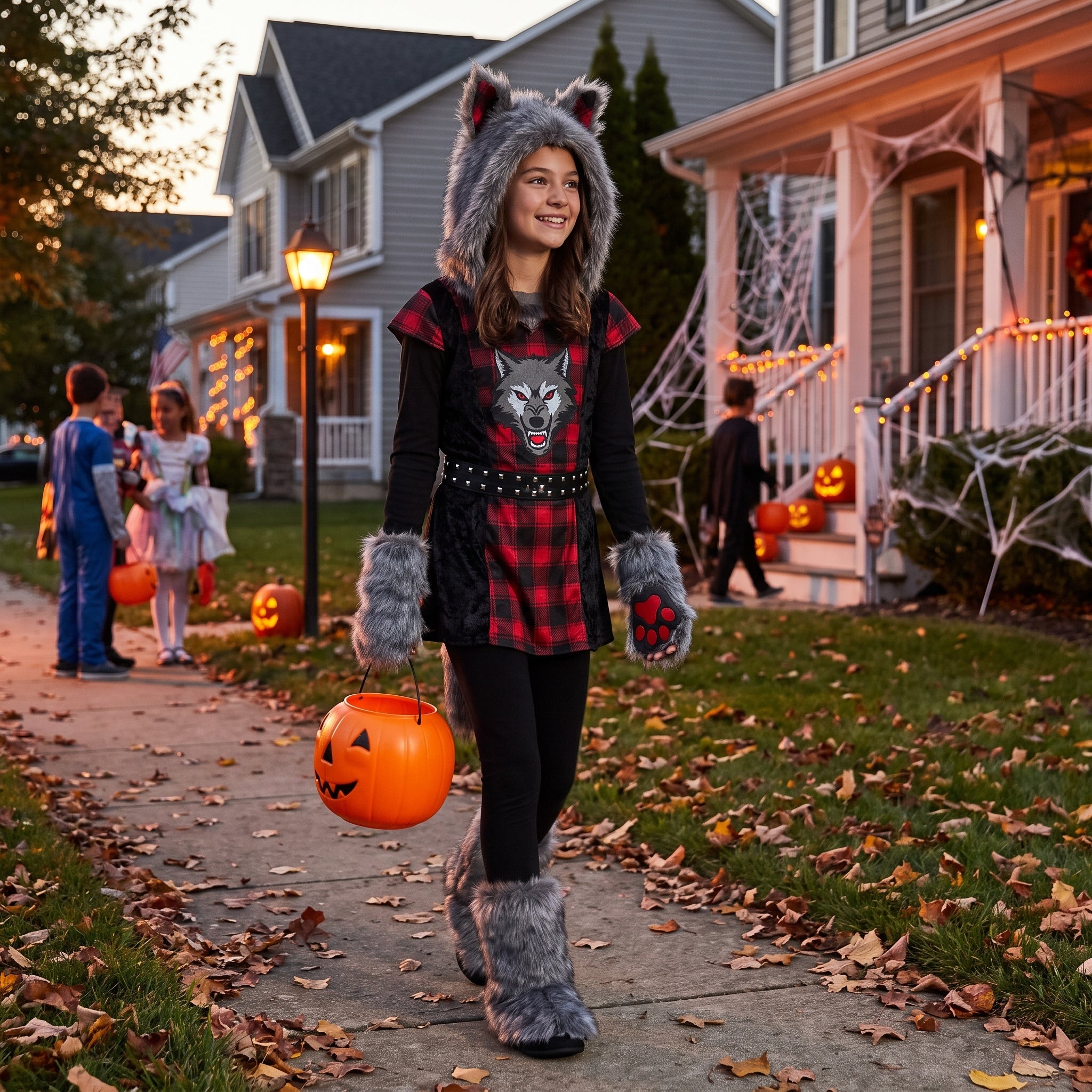 Kids' She-Wolf Halloween Costume with Faux Fur and Plaid Details - Child L (12-14)