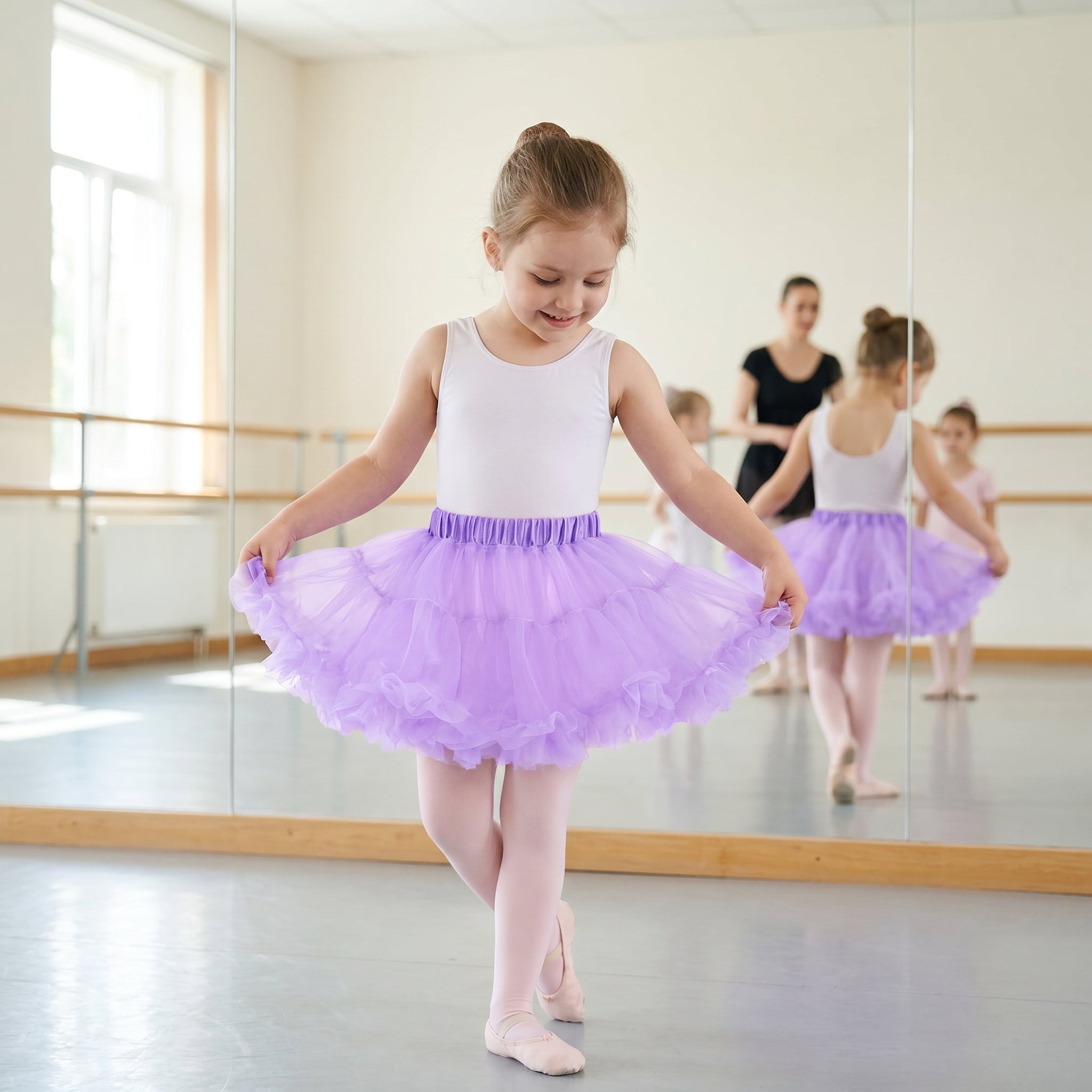 Girls Lavender Tutu Skirt - Layered Tulle Ballet Petticoat with Satin Elastic Waist for Dance, Dress Up, Princess Costume - M/L
