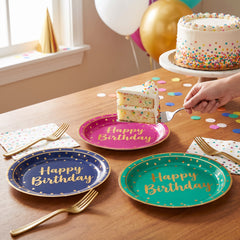 "Happy Birthday" Metallic Dots Paper Plates - 7", Assorted Colors, 8-Pack
