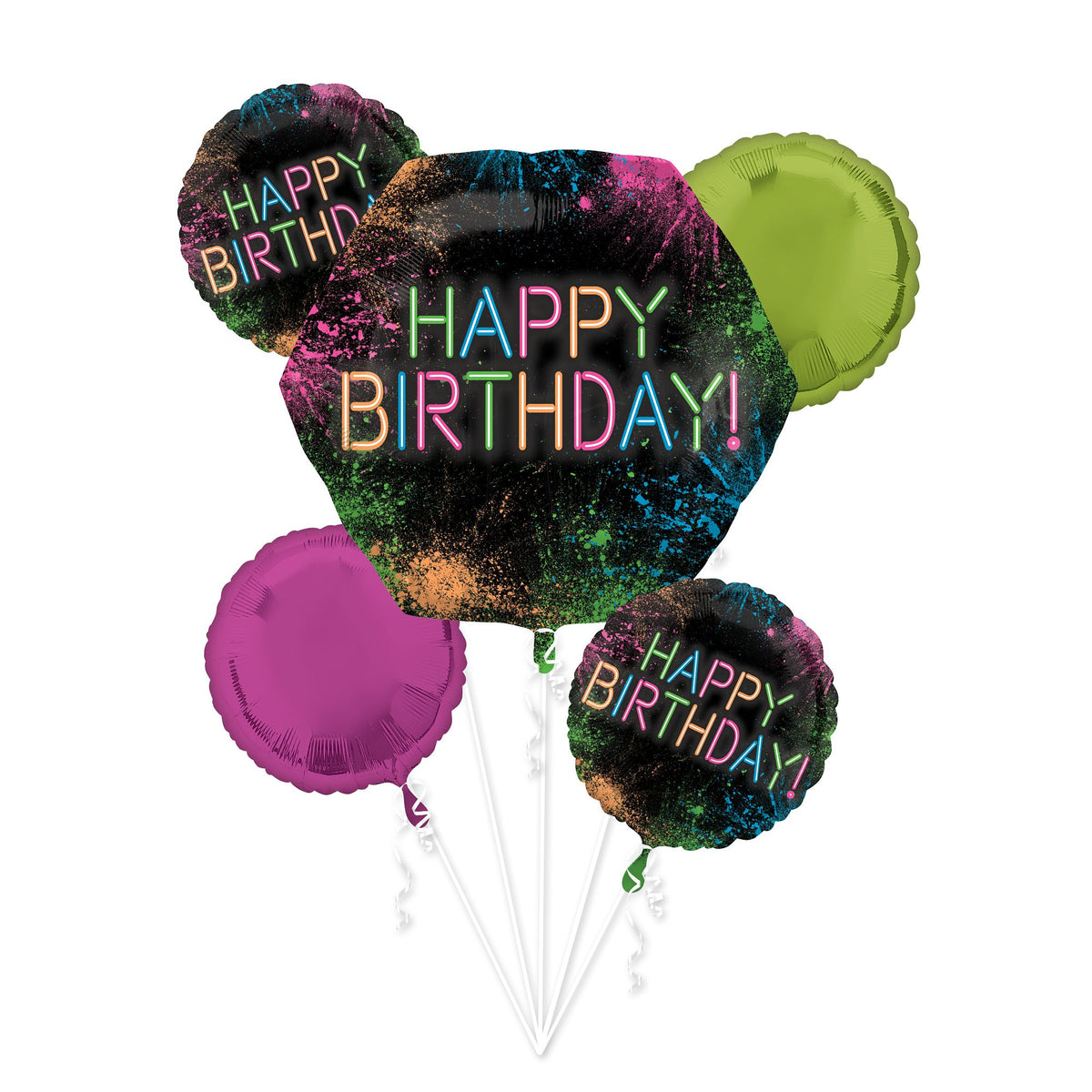 Neon Glow Happy Birthday Foil Balloon Bouquet