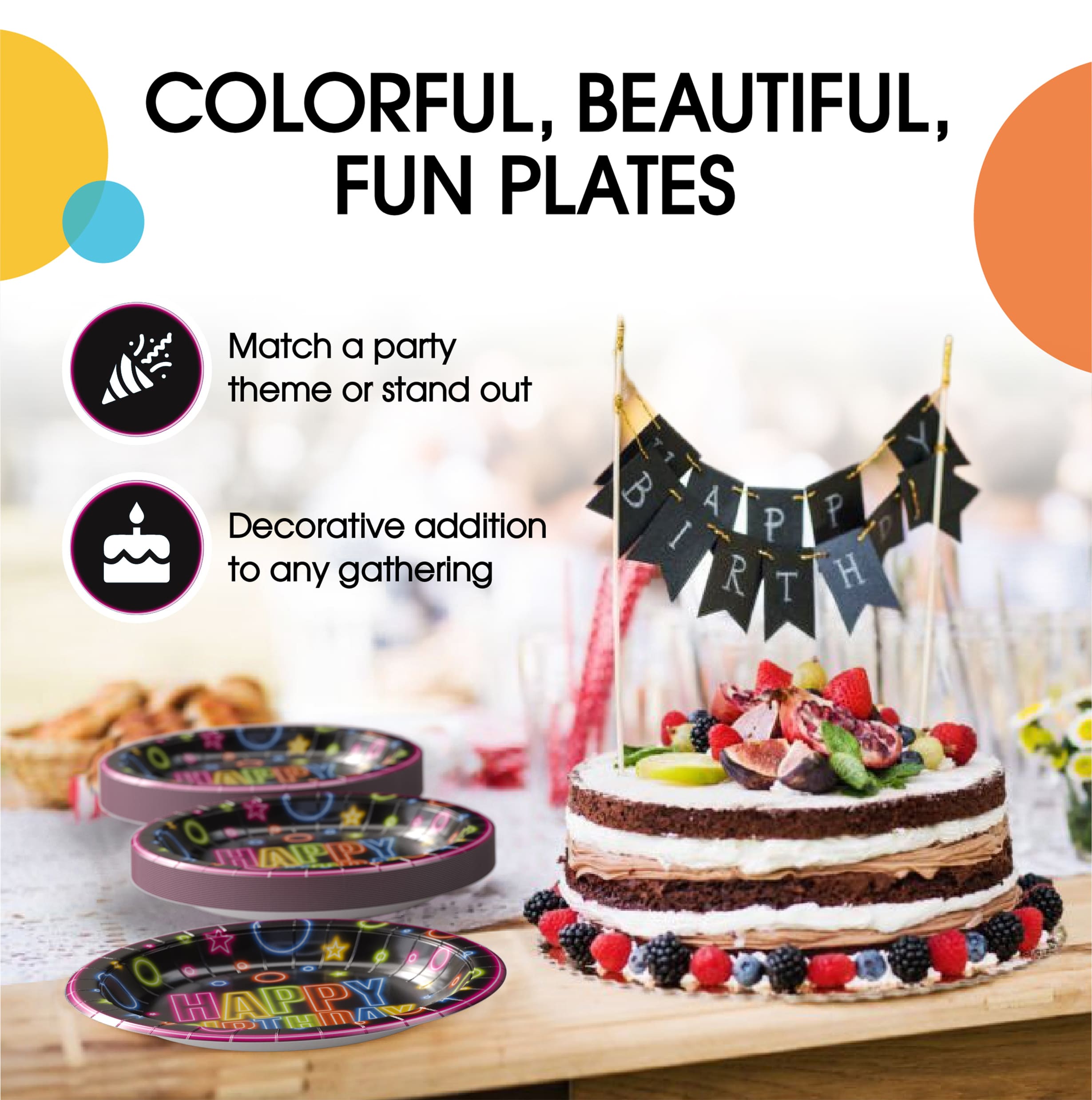 9 In. Neon Birthday Print Paper Plates - 50 Ct.