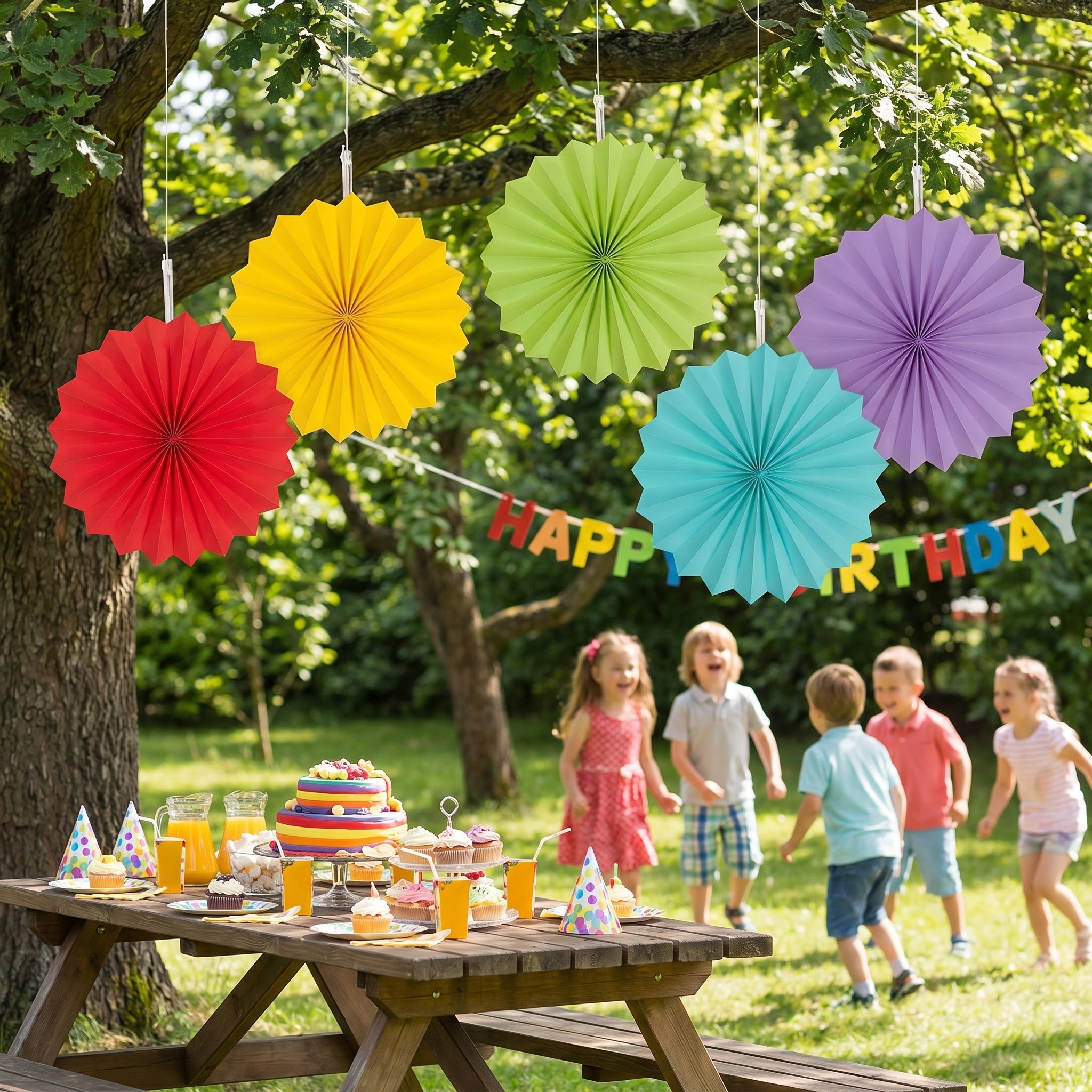 Vibrant Mini Rainbow Paper Fan Decorations - 5 Pack