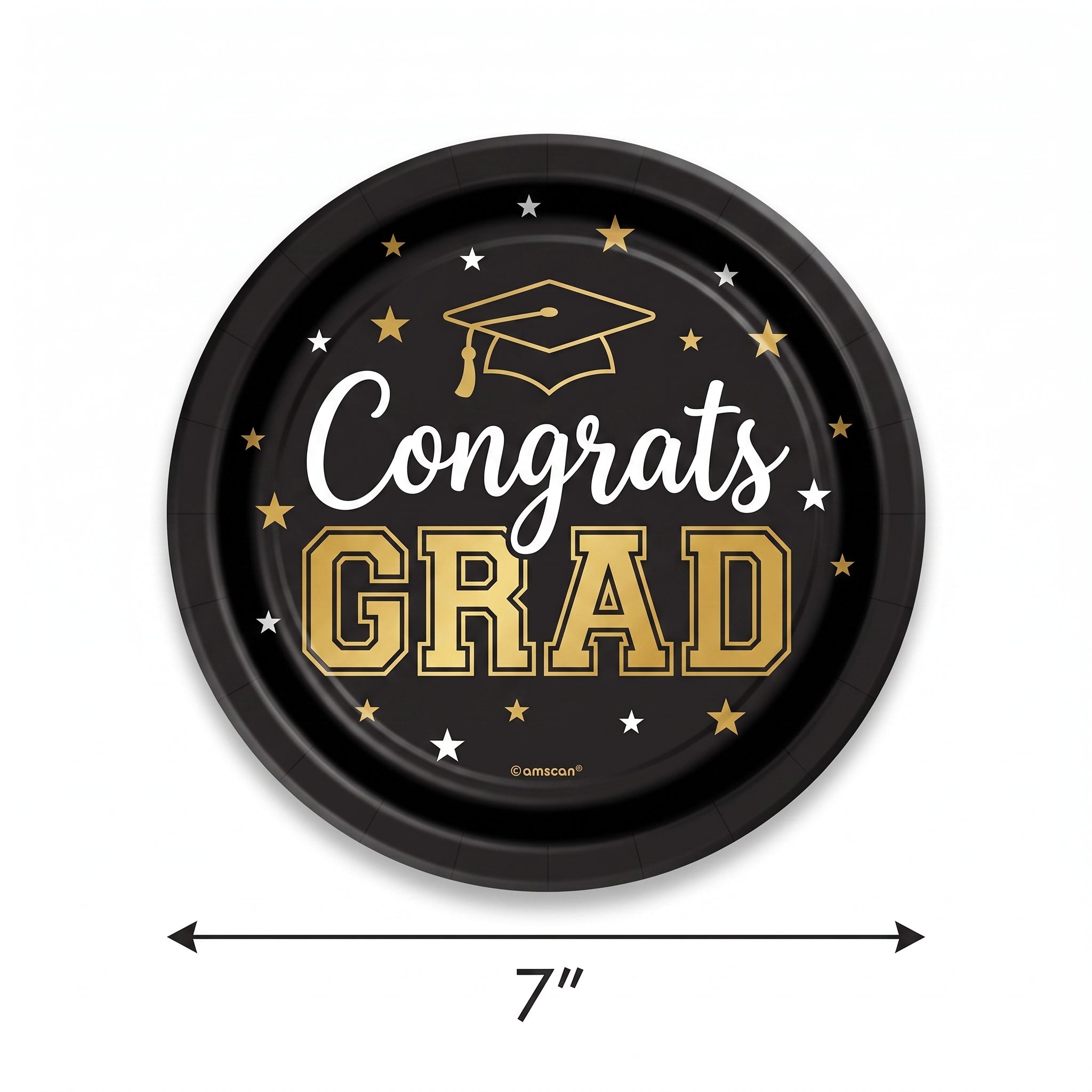 "Congrats Grad" 7-Inch Round Metallic Paper Plates - Black/Gold, 8-Pack