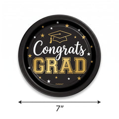 "Congrats Grad" 7-Inch Round Metallic Paper Plates - Black/Gold, 8-Pack