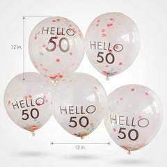 Vibrant Hello 50th Birthday Latex Balloons, Pink Confetti, 12-Inch, 5-Pack