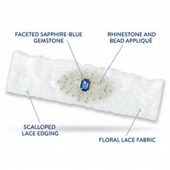 Something Blue Bridal Garter - White Lace Wedding Garter with Sapphire Rhinestone Applique, Plus Size Keepsake Garter for Bride