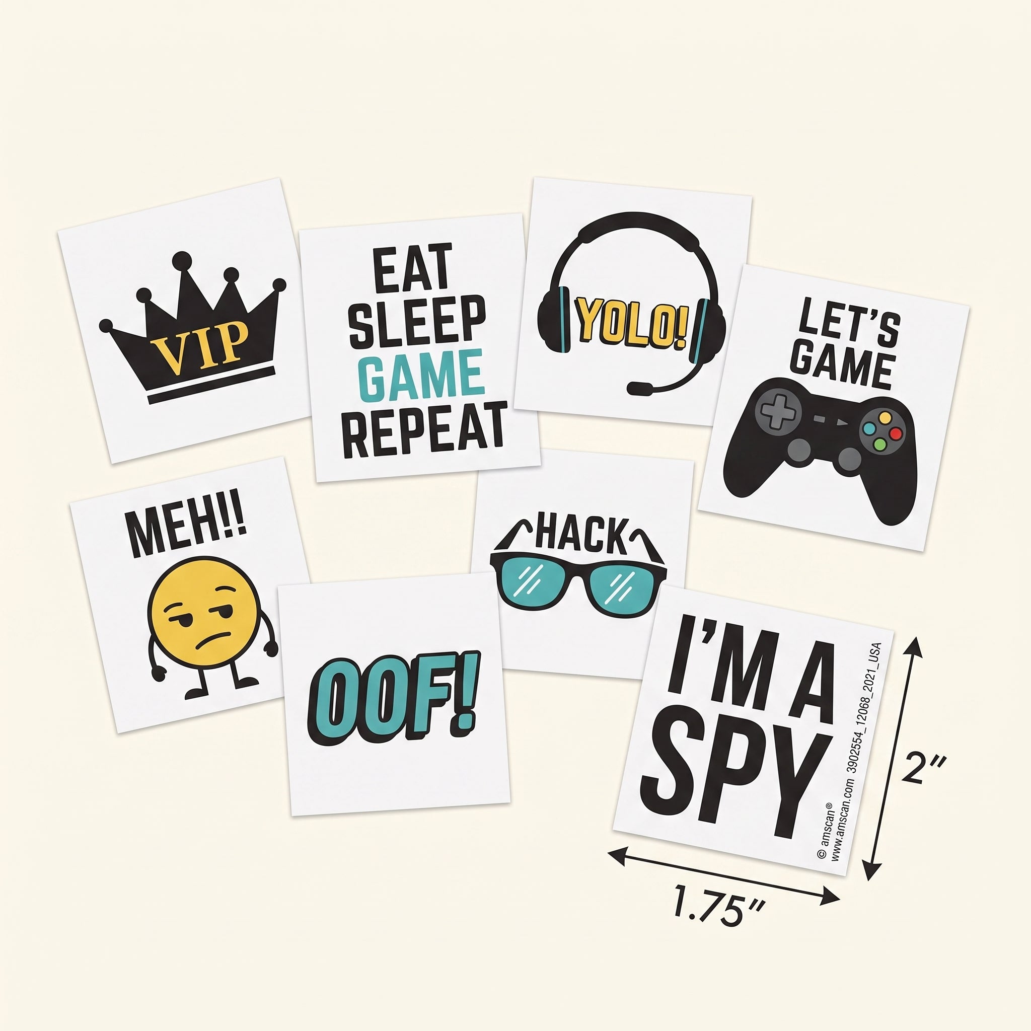 Party Town Gamer-Themed Temporary Tattoos, 8-Pack