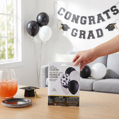 Celebrate in Style: 15-Pack White & Black Latex Balloons for Graduation