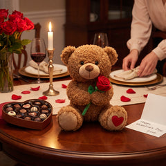 14" Valentine's Day Brown Bear Plush with Red Flower
