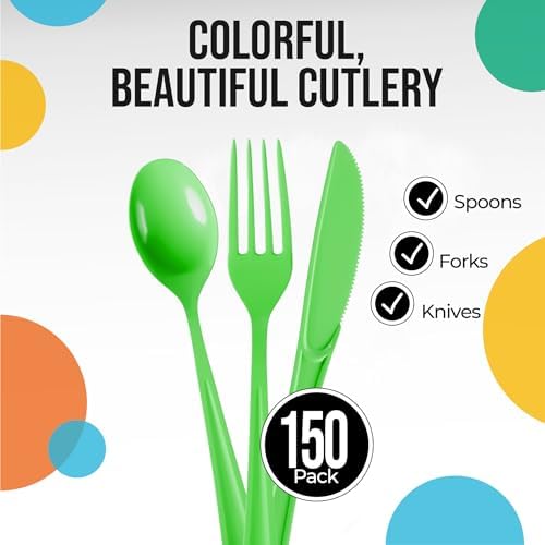 Lime Green Cutlery Combo Set | 50 Forks 50 Spoons And 50 Knives | 7.5 in.