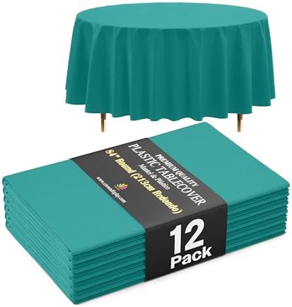 Premium Round Teal Plastic Table Covers | 12 Pack | 84 in.
