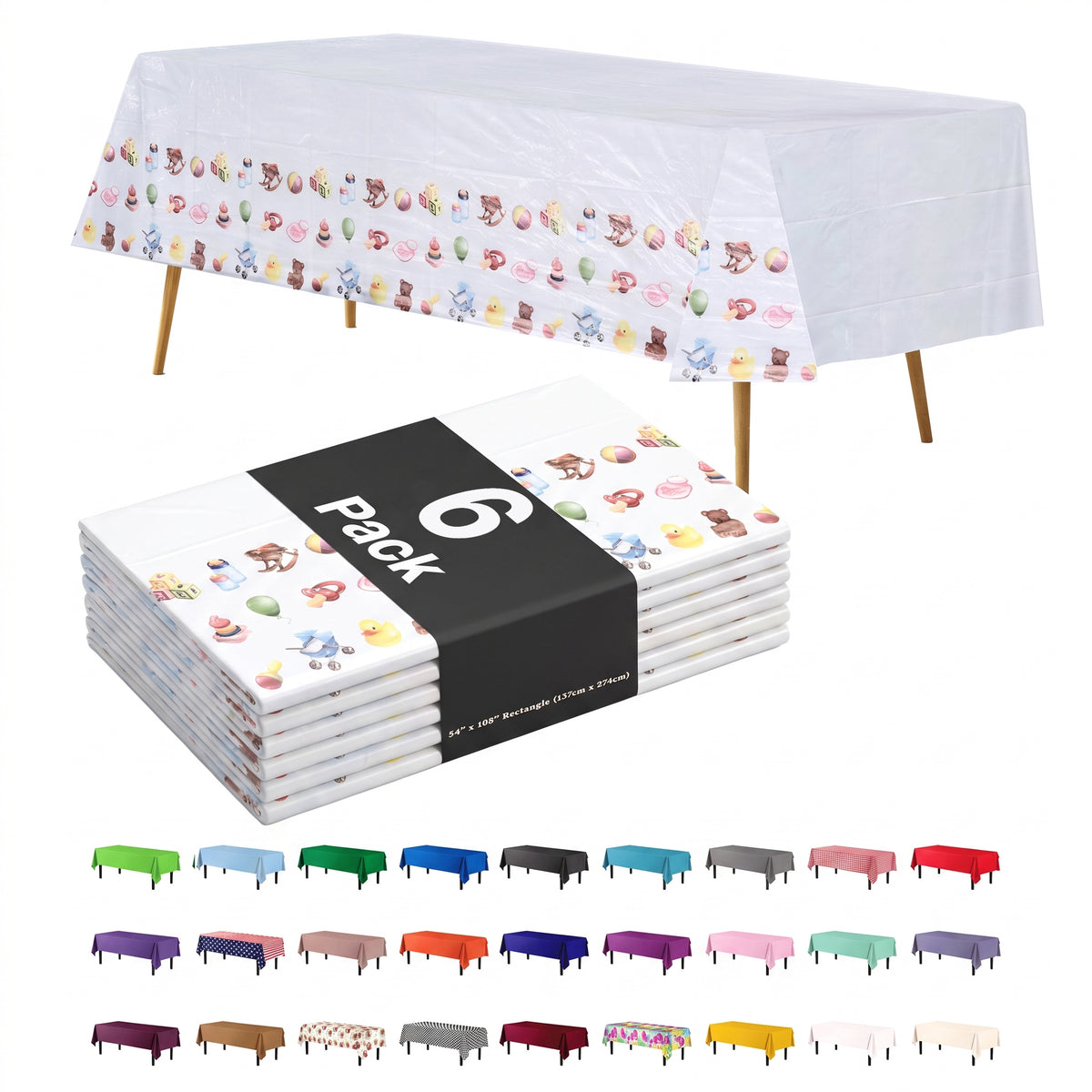 Baby Designs Plastic Table Covers | 6 Pack | 54 in. x 90 in.