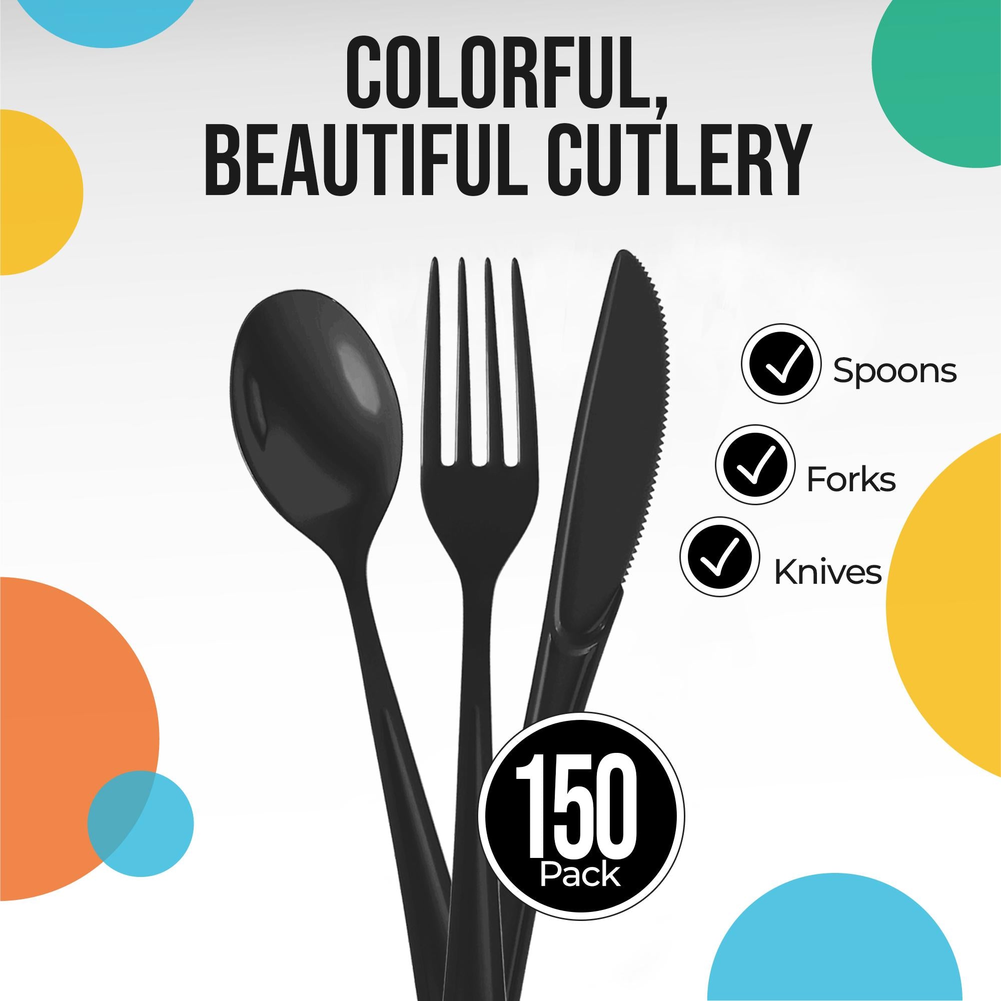 Black Cutlery Combo Set | 50 Forks 50 Spoons And 50 Knives