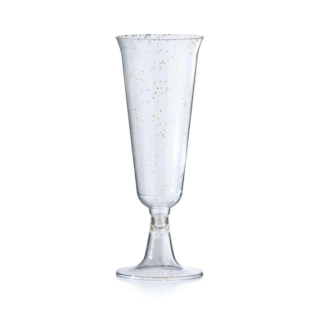 5 Oz. Gold Sparkle Plastic Flute Glasses | 12 Count