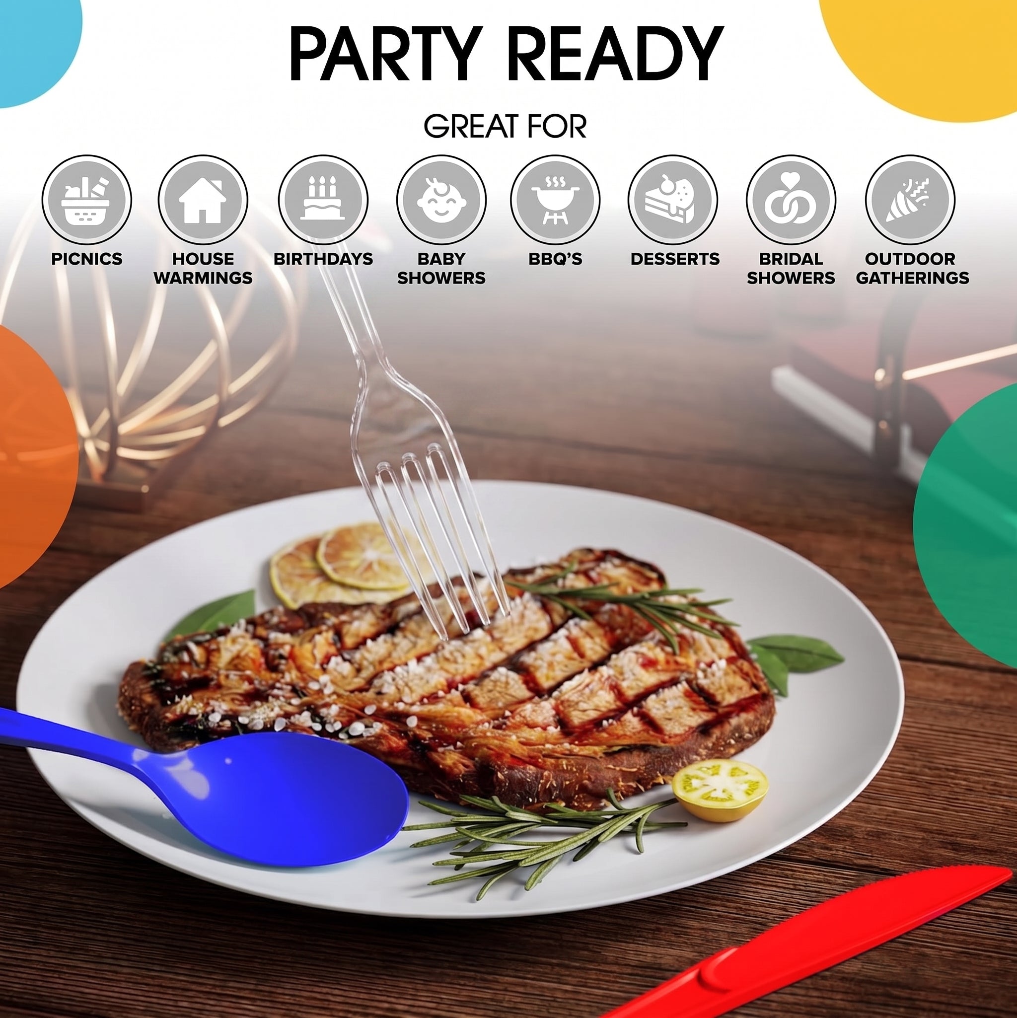 150 Pc. Patriotic Plastic Cutlery Combo Set | Red, White & Blue (Clear Forks)