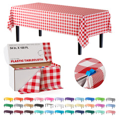 54 in. x 100 Ft. Cut to Size Plastic Table Cover | Red Gingham