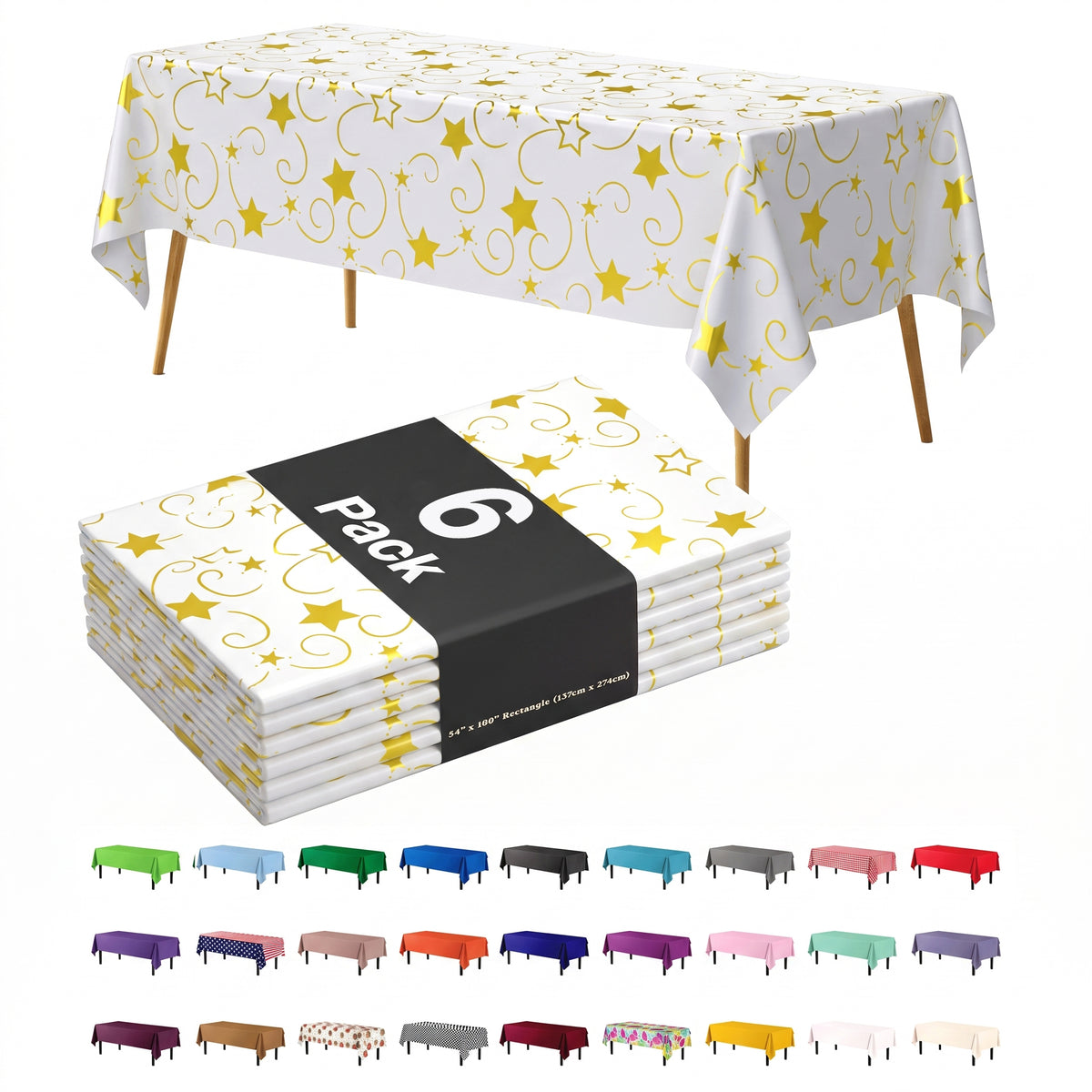Gold Star Printed Plastic Table Covers | 6 Pack | 54 in. x 108 in.