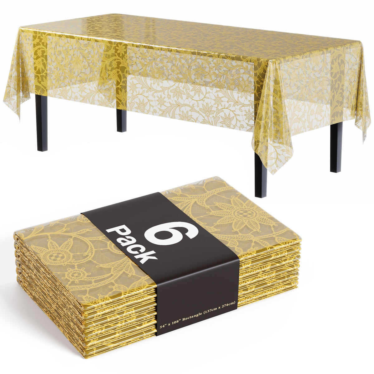 Gold Lace Plastic Table Covers | 6 Pack