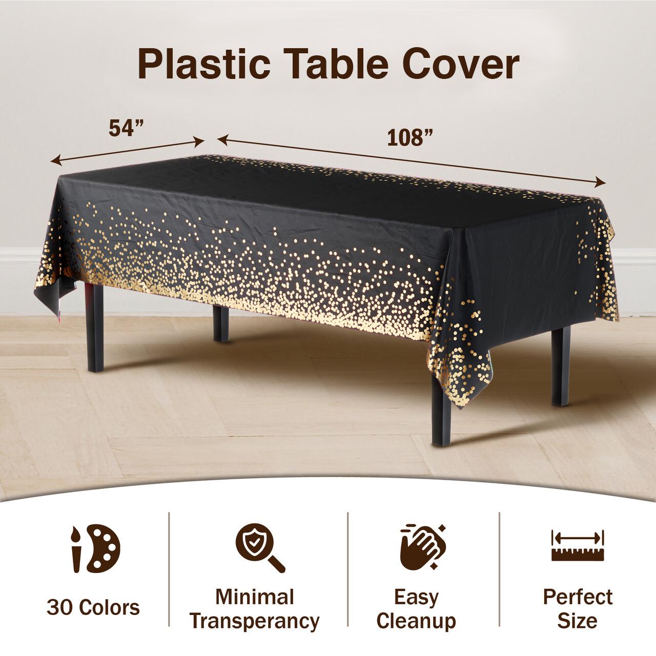 Black & Gold Celebrate Printed Plastic Table Covers | 12 Count