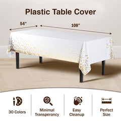 White & Gold Celebrate Printed Plastic Table Covers | 12 Count