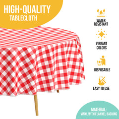 Red Gingham Flannel Backed Plastic Table Cover 70 in. Round | Case of 24