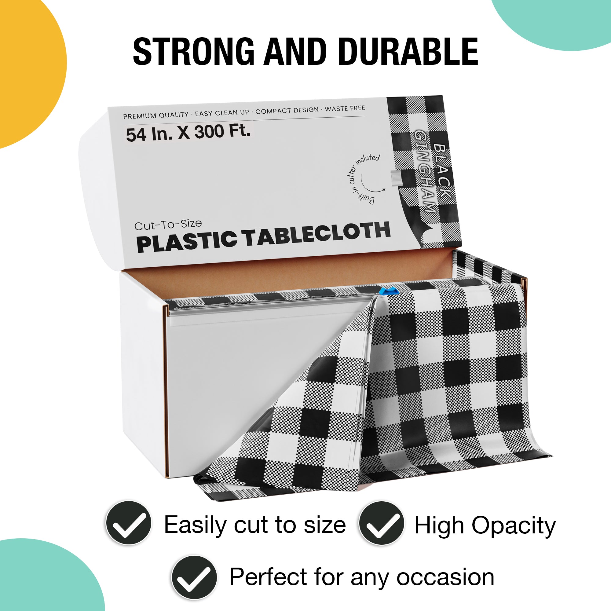 54 in. x 300 Ft. Cut to Size Plastic Table Cover | Black Gingham