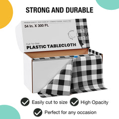 54 in. x 300 Ft. Cut to Size Plastic Table Cover | Black Gingham