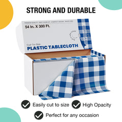 54 in. x 300 Ft. Cut to Size Plastic Table Cover  | Blue Gingham | Case of 4