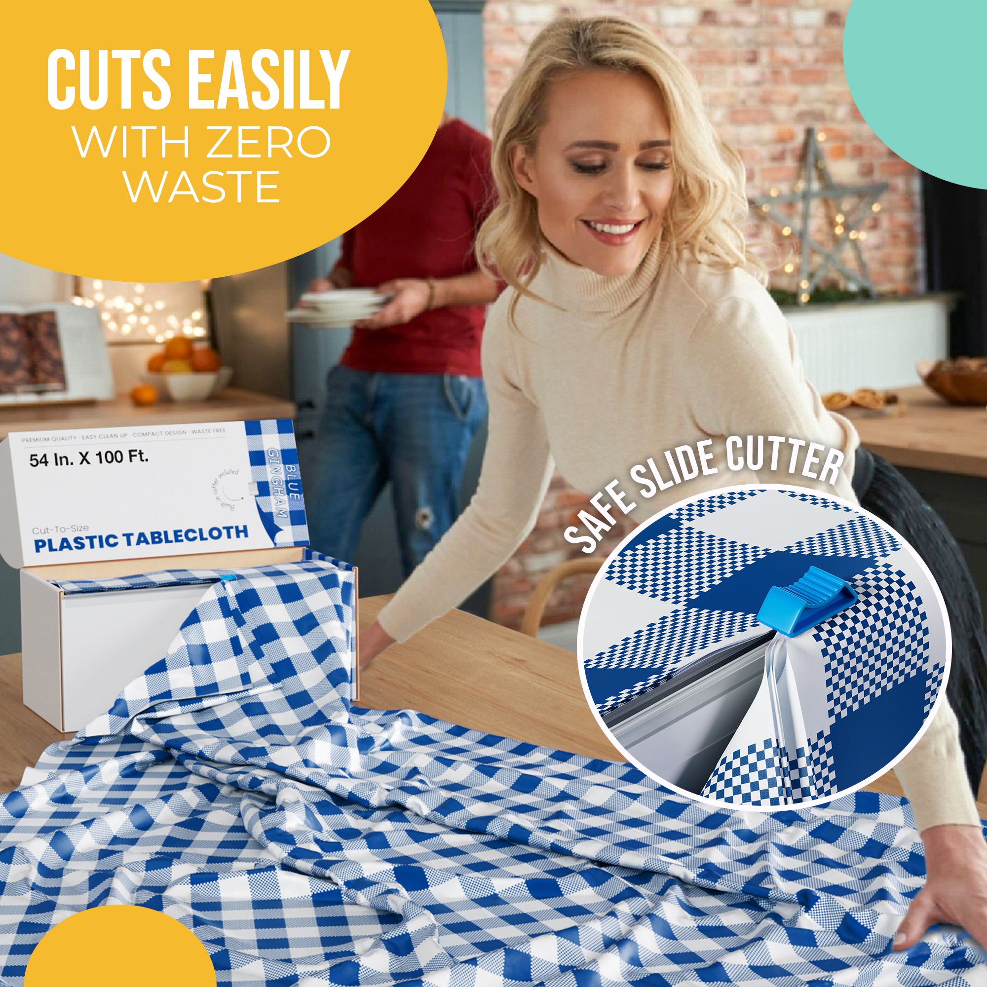 54 in. x 100 Ft. Cut to Size Plastic Table Cover | Blue Gingham