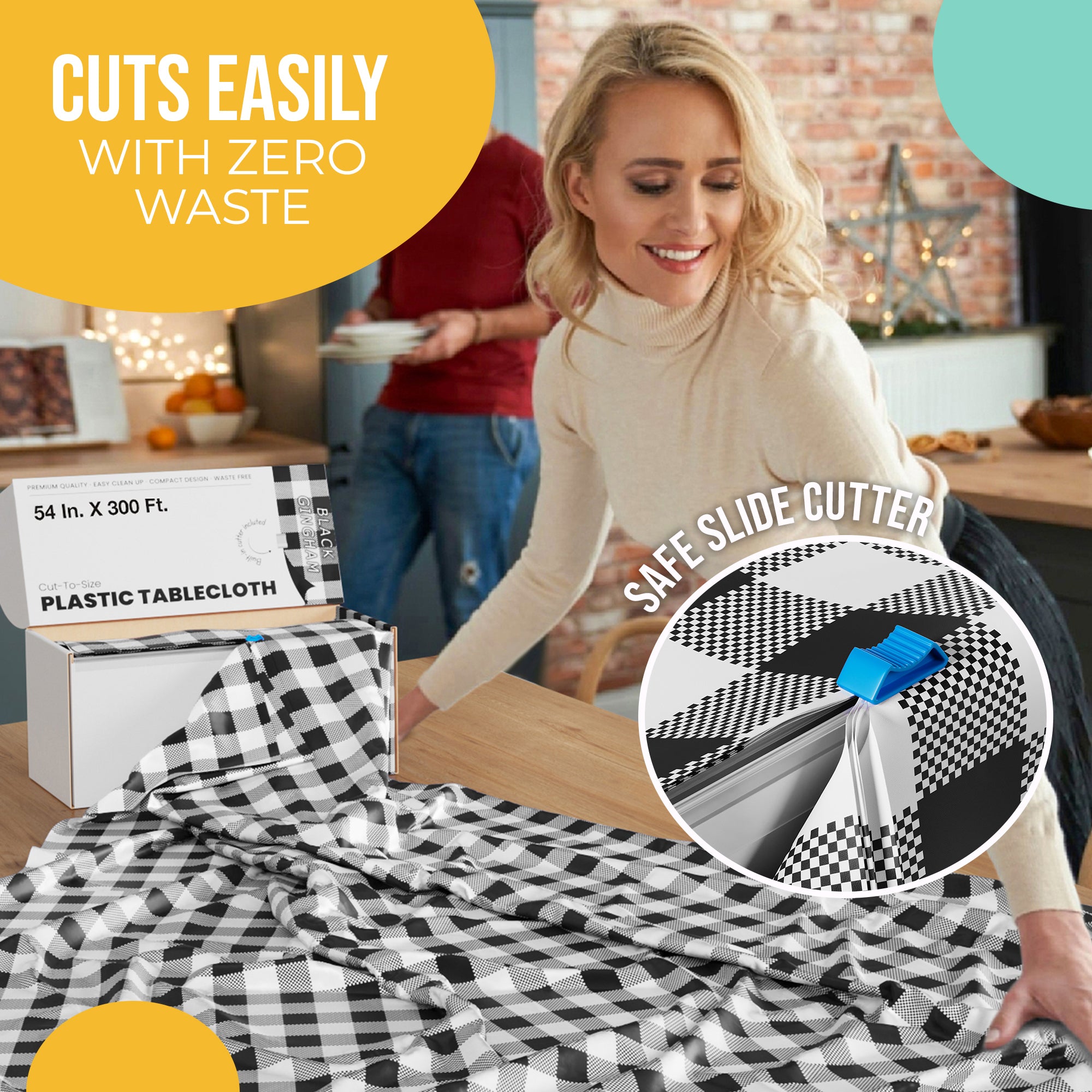 54 in. x 300 Ft. Cut to Size Plastic Table Cover | Black Gingham
