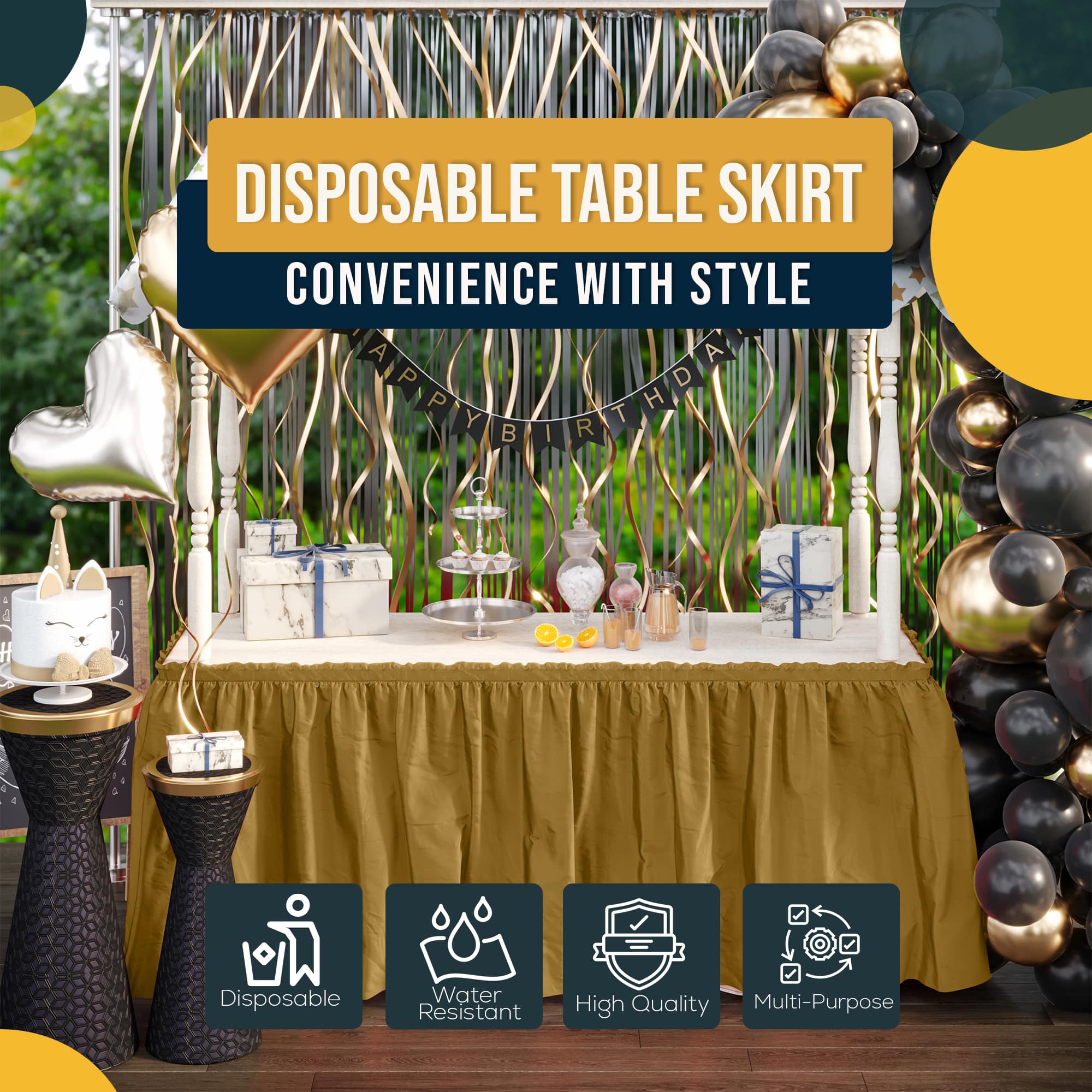 Gold Plastic Table Skirt | 6 Pack