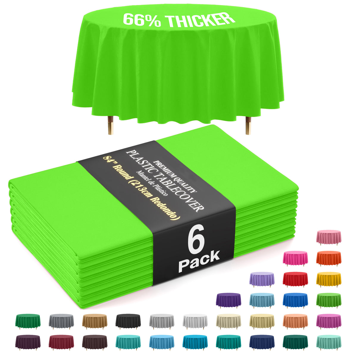 Premium Round Lime Green Plastic Table Covers | 6 Pack | 84 in.