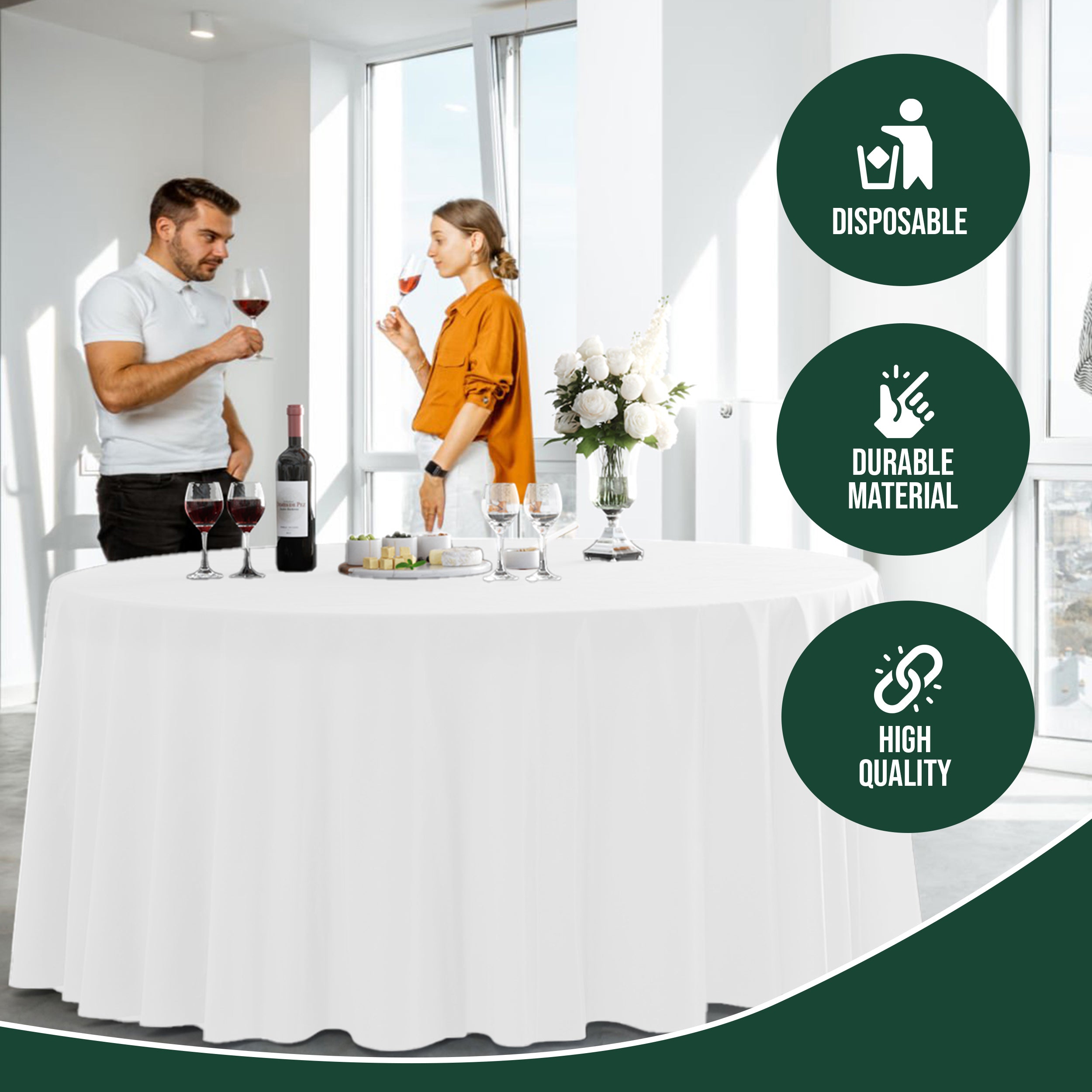 120 in. Premium Round White Plastic Table Covers | 12 Count