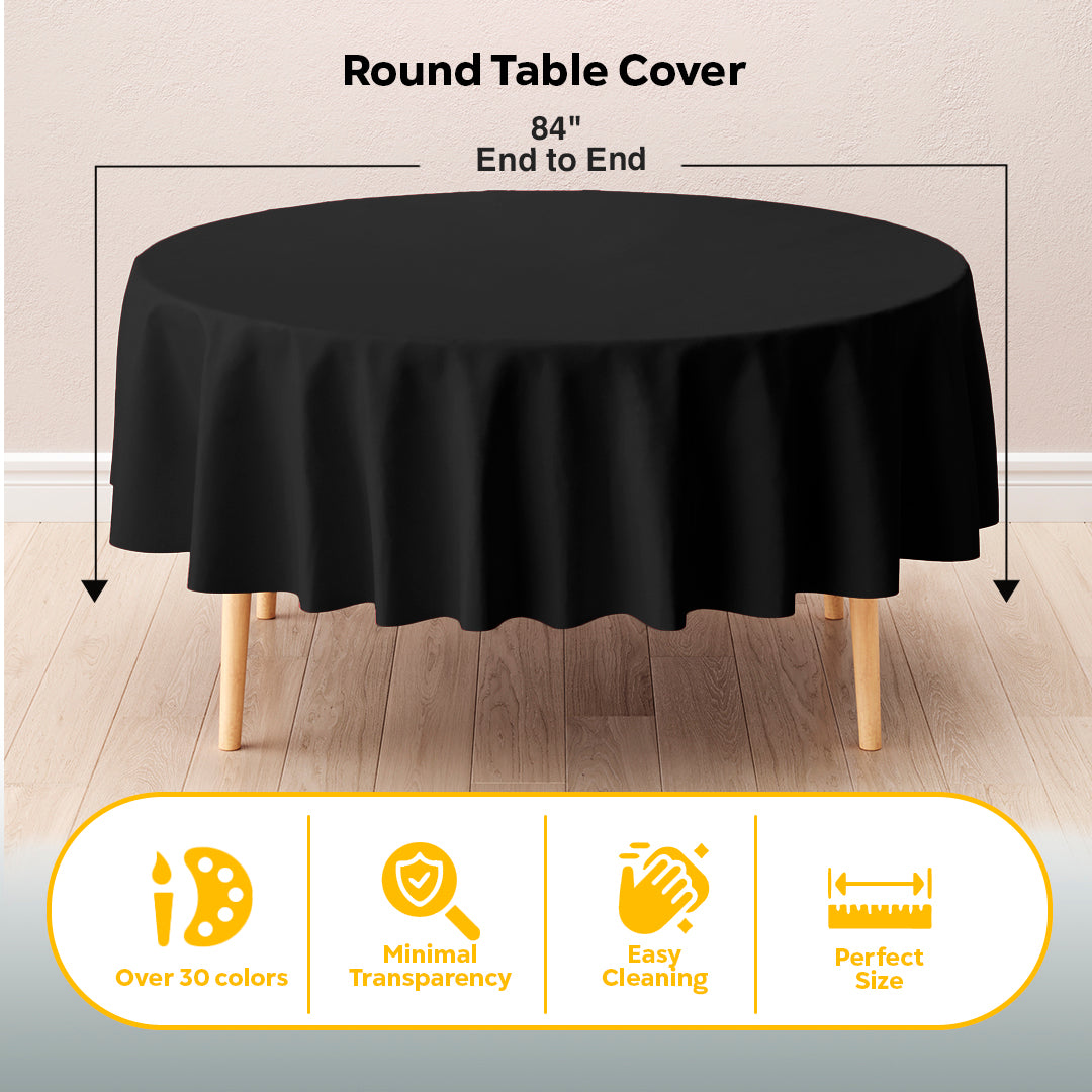 Black Round Plastic Table Covers | 6 Pack | 84 in.