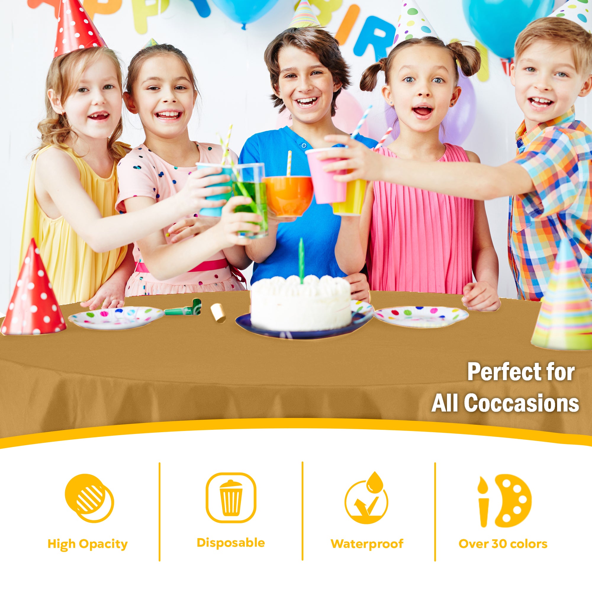 Gold Round Plastic Table Covers | 6 Pack | 84 in.