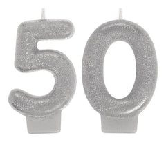 Silver Glitter Number 50 Birthday Candles | 3 In. | 2 Count